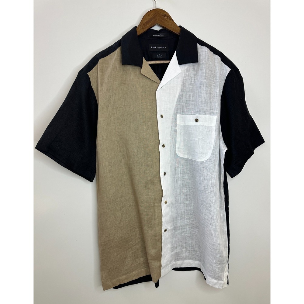 Paul Fredrick Linen Colorblock Short Sleeve Button Shirt Large Coastal Resort - Picture 10 of 10